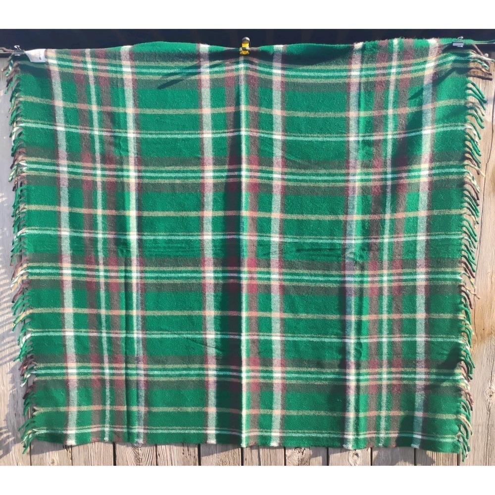 Vintage Faribo Woolen Mill Co Blue Green Plaid Stadium Fringed Blanket 52"x62"